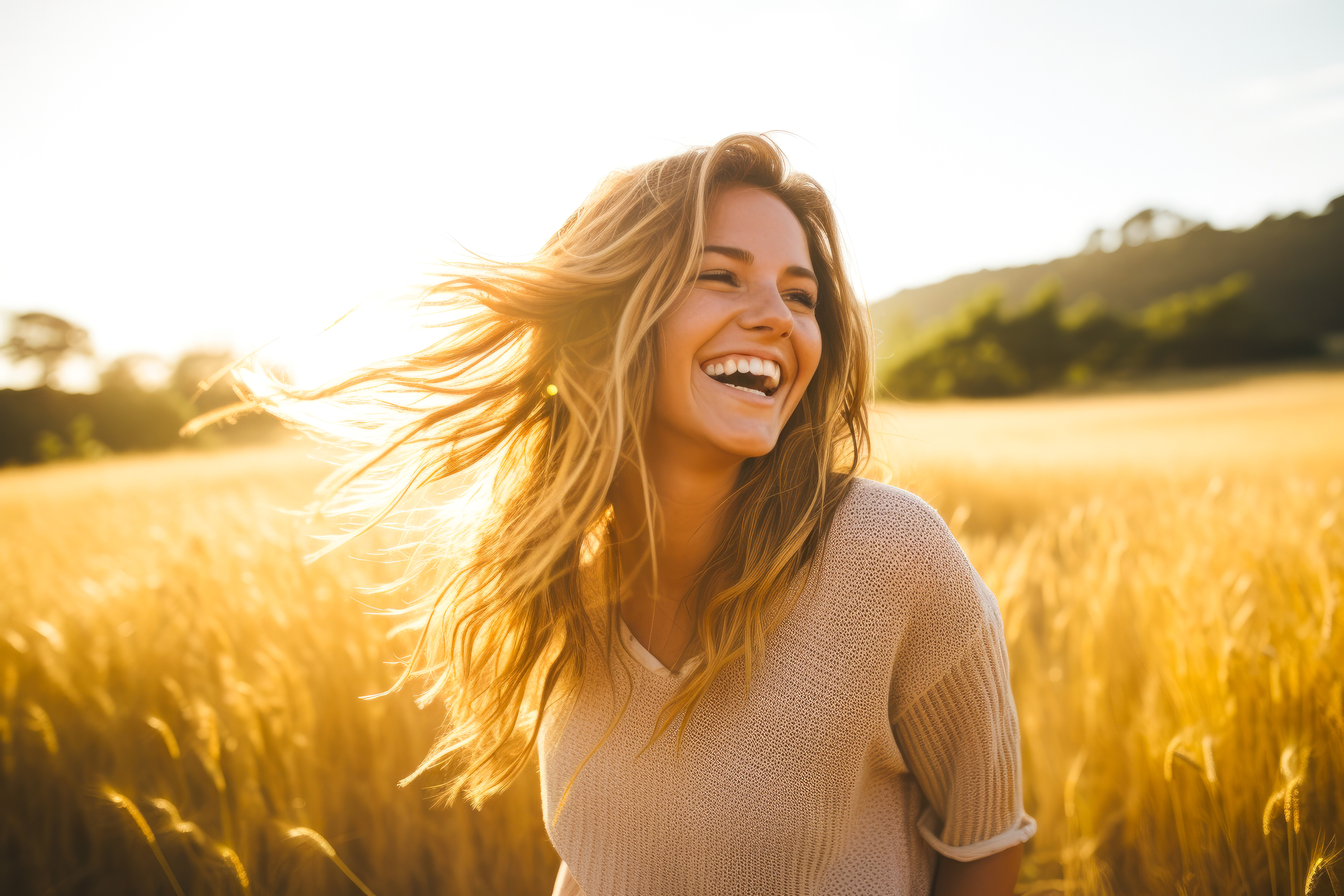 Young happy smiling woman standing in a field with sun shining through her hair