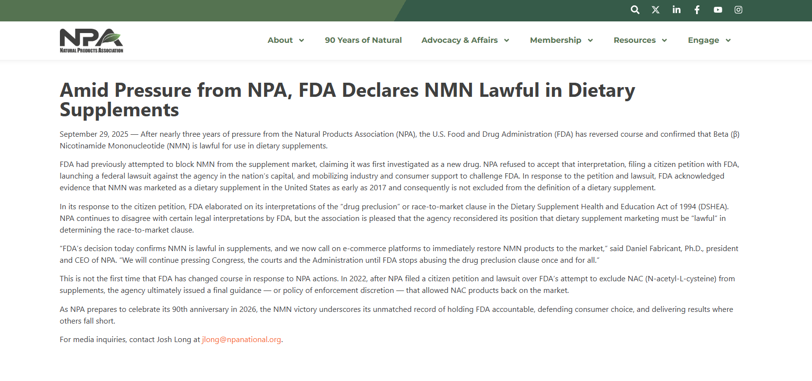 Amid Pressure from NPA, FDA Declares NMN Lawful in Dietary Supplements